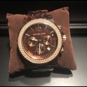 Mk Tortoise Shell Watch Gold & Diamond Trims